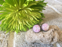 Load image into Gallery viewer, Purple &amp; Gold Confetti earrings, 12mm earrings, resin earrings, colorful earrings, chunky earrings, circle earring, gold earrings, lavender