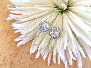 Silver Glitter earrings, 12mm earrings, sparkle earrings, stud earrings, circle earring, silver earrings, silver glitter, silver wedding