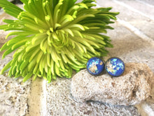 Load image into Gallery viewer, Blue &amp; Gold Confetti earrings, 12mm earrings, resin earrings, colorful earrings, chunky earrings, circle earring, gold earrings, royal blue