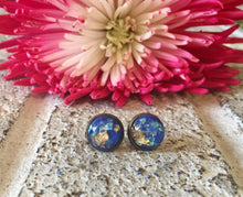 Load image into Gallery viewer, Blue &amp; Gold Confetti earrings, 12mm earrings, resin earrings, colorful earrings, chunky earrings, circle earring, gold earrings, royal blue