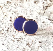 Load image into Gallery viewer, Chic Blue &amp; Gold Minimalist earrings, 12mm earrings, resin earrings, dark blue earrings, chunky earrings, circle earring, gold earrings