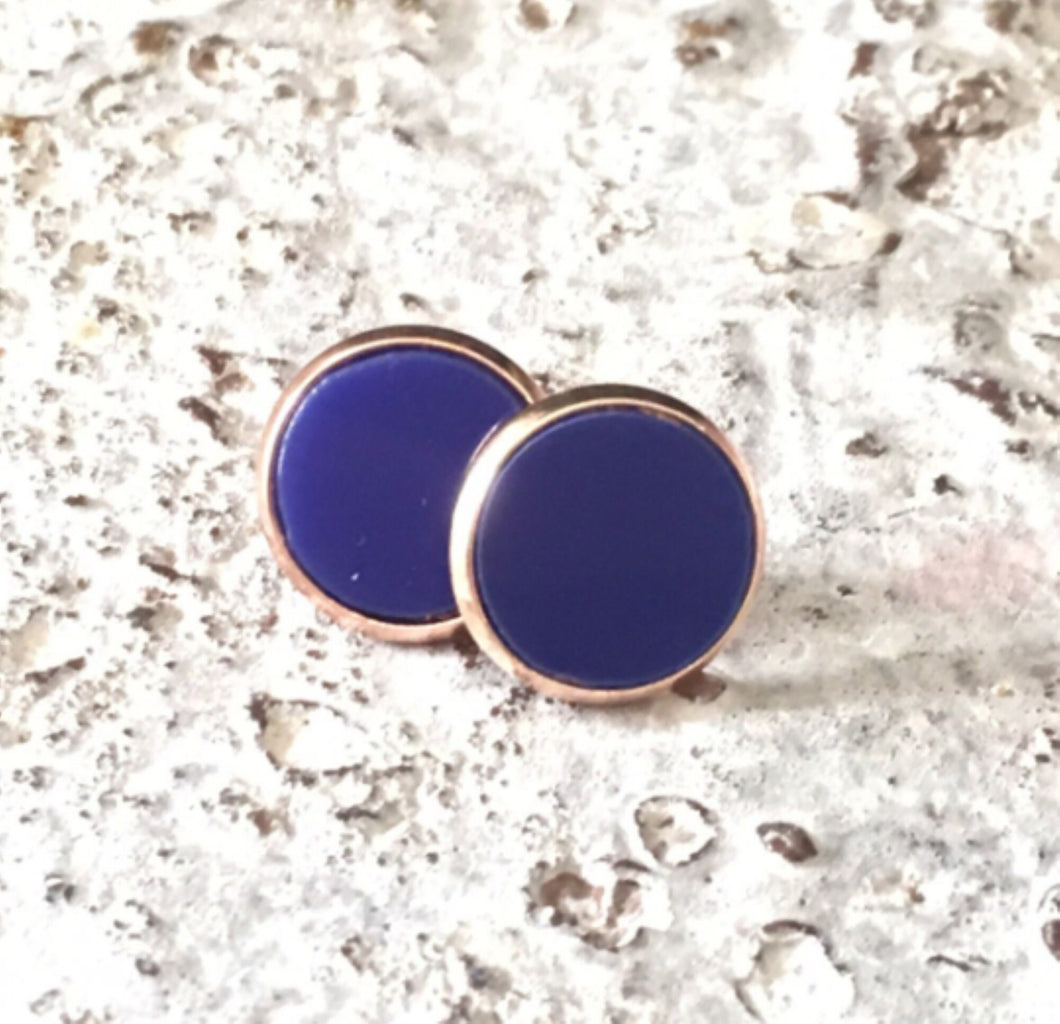 Chic Blue & Gold Minimalist earrings, 12mm earrings, resin earrings, dark blue earrings, chunky earrings, circle earring, gold earrings