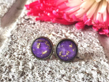 Load image into Gallery viewer, Purple &amp; Gold Foil earrings, 12mm earrings, resin earrings, colorful earring, chunky earring, gold foil, gold earrings, dark purple, jewelry