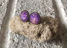 Load image into Gallery viewer, Purple &amp; Gold Foil earrings, 12mm earrings, resin earrings, colorful earring, chunky earring, gold foil, gold earrings, dark purple, jewelry