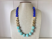 Load image into Gallery viewer, Blue Big Bead Necklace, gold Strand Statement Jewelry Chunky bib, bridesmaid necklace, turquoise jewelry, beaded jewelry