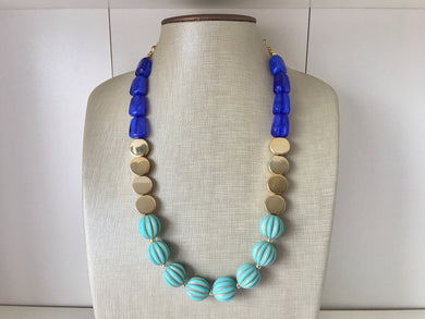 Blue Big Bead Necklace, gold Strand Statement Jewelry Chunky bib, bridesmaid necklace, turquoise jewelry, beaded jewelry