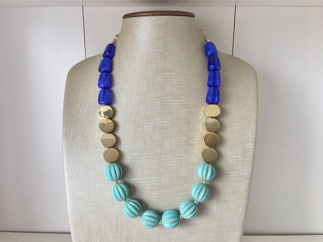 Blue Big Bead Necklace, gold Strand Statement Jewelry Chunky bib, bridesmaid necklace, turquoise jewelry, beaded jewelry