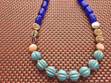 Load image into Gallery viewer, Blue Big Bead Necklace, gold Strand Statement Jewelry Chunky bib, bridesmaid necklace, turquoise jewelry, beaded jewelry