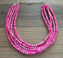 Load image into Gallery viewer, Hot Pink TIE DYE 5 strand Beaded Statement Necklace, Chunky Bib white and Pink Multi-Strand Jewelry Light swirl, neon pink jewelry