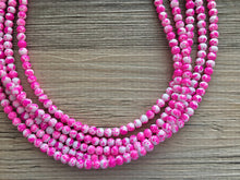 Load image into Gallery viewer, Hot Pink TIE DYE 5 strand Beaded Statement Necklace, Chunky Bib white and Pink Multi-Strand Jewelry Light swirl, neon pink jewelry