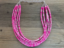 Load image into Gallery viewer, Hot Pink TIE DYE 5 strand Beaded Statement Necklace, Chunky Bib white and Pink Multi-Strand Jewelry Light swirl, neon pink jewelry