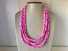 Load image into Gallery viewer, Hot Pink TIE DYE 5 strand Beaded Statement Necklace, Chunky Bib white and Pink Multi-Strand Jewelry Light swirl, neon pink jewelry