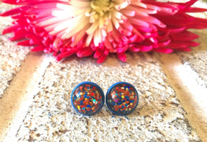 Confetti Glitter earrings, 12mm earrings, sparkle earrings, stud earrings, circle earring, blue earrings, orange and blue earrings