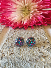 Load image into Gallery viewer, Confetti Glitter earrings, 12mm earrings, sparkle earrings, stud earrings, circle earring, pink earrings, pink blue green earrings