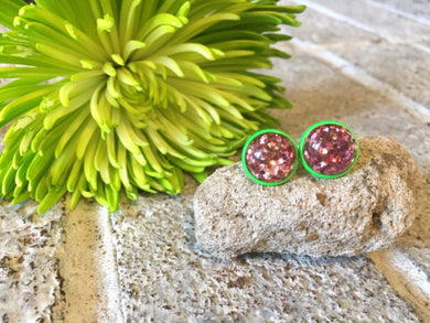 Green & Pink Glitter earrings, 12mm earrings, sparkle earrings, stud earrings, circle earring, pink earrings, blush pink, pink jewelry, pink