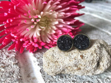 Load image into Gallery viewer, Black Druzy Stud Earrings, 12mm black druzy, black earrings, druzy earrings, black druzy, druzy jewelry, gold earrings, black jewelry