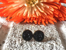 Load image into Gallery viewer, Black Druzy Stud Earrings, 12mm black druzy, black earrings, druzy earrings, black druzy, druzy jewelry, gold earrings, black jewelry