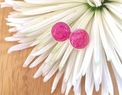 Dark pink crackle earrings, 12mm earrings, colorful earrings, stud earrings, circle earring, silver earrings, pink earrings, pink jewelry