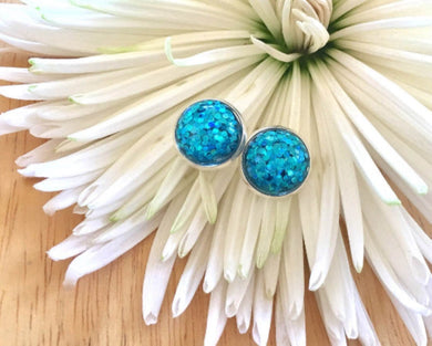 Teal Glitter earrings, 12mm earrings, sparkle earrings, colorful earrings, chunky earrings, circle earring, blue earrings, stud earrings