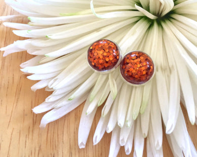 Burnt Orange Glitter earrings, 12mm earrings, sparkle earrings, stud earrings, circle earring, orange earrings, burnt orange, orange jewelry