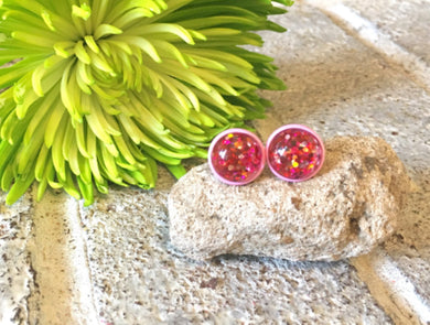 Light Pink Glitter earrings, 12mm earrings, sparkle earrings, stud earrings, circle earring, pink earrings, dark pink jewelry, resin earring