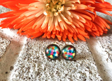 Load image into Gallery viewer, Watercolor Geometric earrings, 12mm earrings, sparkle earrings, stud earrings, circle earring, silver earrings, rainbow earrings