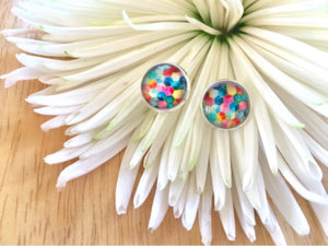 Watercolor Geometric earrings, 12mm earrings, sparkle earrings, stud earrings, circle earring, silver earrings, rainbow earrings