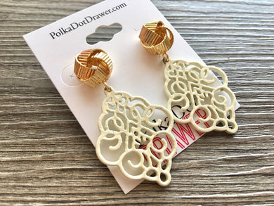 Gold Love Knot + Cream filigree Drop earrings, oval earrings, gold geometric earrings pierced dangle drop Statement, off white metal