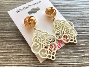 Gold Love Knot + Cream filigree Drop earrings, oval earrings, gold geometric earrings pierced dangle drop Statement, off white metal