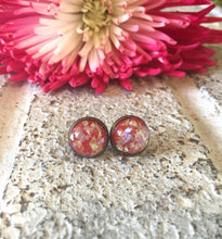 Load image into Gallery viewer, Red &amp; Gold Confetti earrings, 12mm earrings, resin earrings, colorful earrings, chunky earrings, circle earring, gold earrings, red jewelry