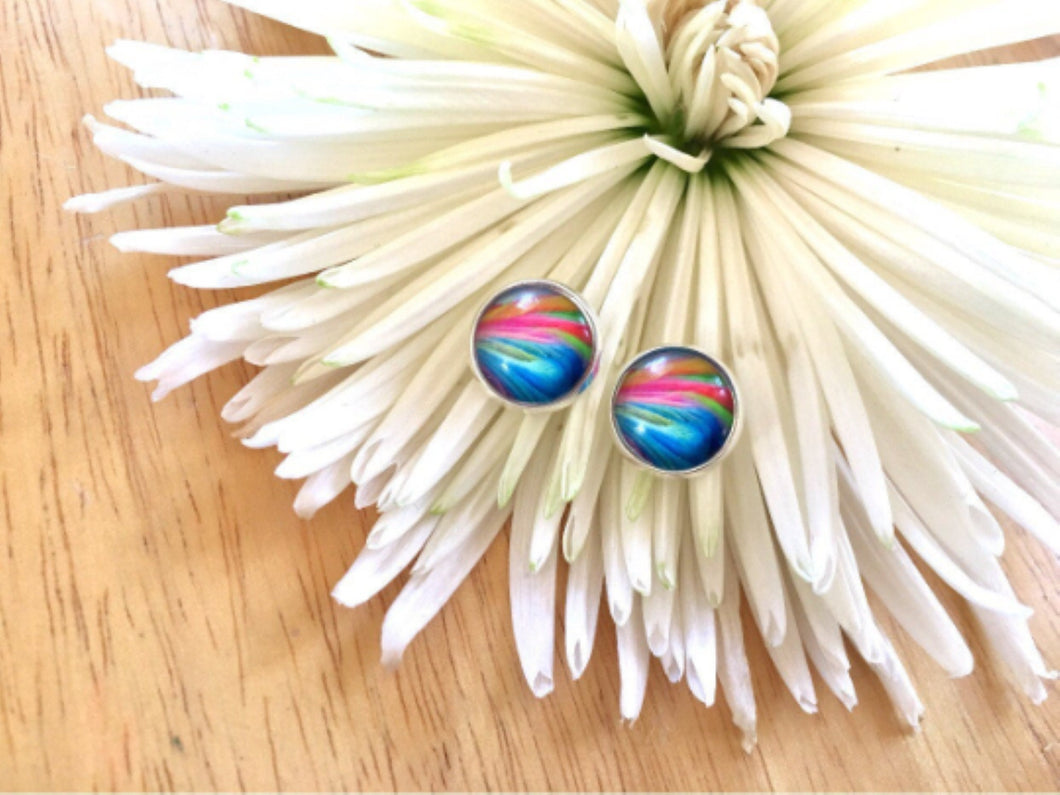 Watercolor Painted earrings, 12mm earrings, sparkle earrings, stud earrings, circle earring, silver earrings, rainbow earrings