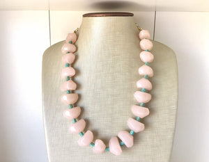 Vintage Big Bead pink Necklace, Single Strand Statement Jewelry, pink Chunky bib bridesmaid, light pink necklace, turquoise accent