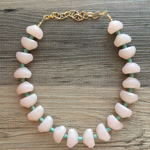 Vintage Big Bead pink Necklace, Single Strand Statement Jewelry, pink Chunky bib bridesmaid, light pink necklace, turquoise accent