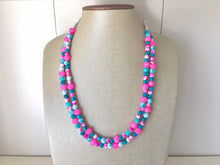Load image into Gallery viewer, Turquoise Blue &amp; Neon Pink 2 strand Beaded Statement Necklace, Chunky Bib white and Teal Multi-Strand Jewelry tie dye, pink jewelry