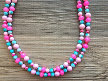Load image into Gallery viewer, Turquoise Blue &amp; Neon Pink 2 strand Beaded Statement Necklace, Chunky Bib white and Teal Multi-Strand Jewelry tie dye, pink jewelry