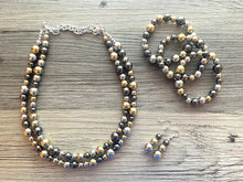Load image into Gallery viewer, Metallic mirror silver gold &amp; gunmetal Jewelry Set, silver Jewelry, metal double strand chunky statement beaded, gold bracelet earrings set