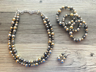 Metallic mirror silver gold & gunmetal Jewelry Set, silver Jewelry, metal double strand chunky statement beaded, gold bracelet earrings set