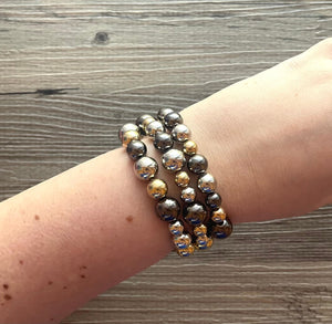 Metallic mirror silver gold & gunmetal bracelet Jewelry, Christmas Jewelry, silver Jewelry, metal triple strand chunky statement beaded