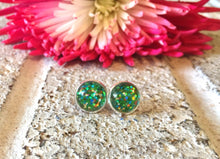 Load image into Gallery viewer, Planet Earth Glitter earrings, 12mm earrings, resin earrings, colorful earrings, chunky earrings, circle earring, green blue orange earrings