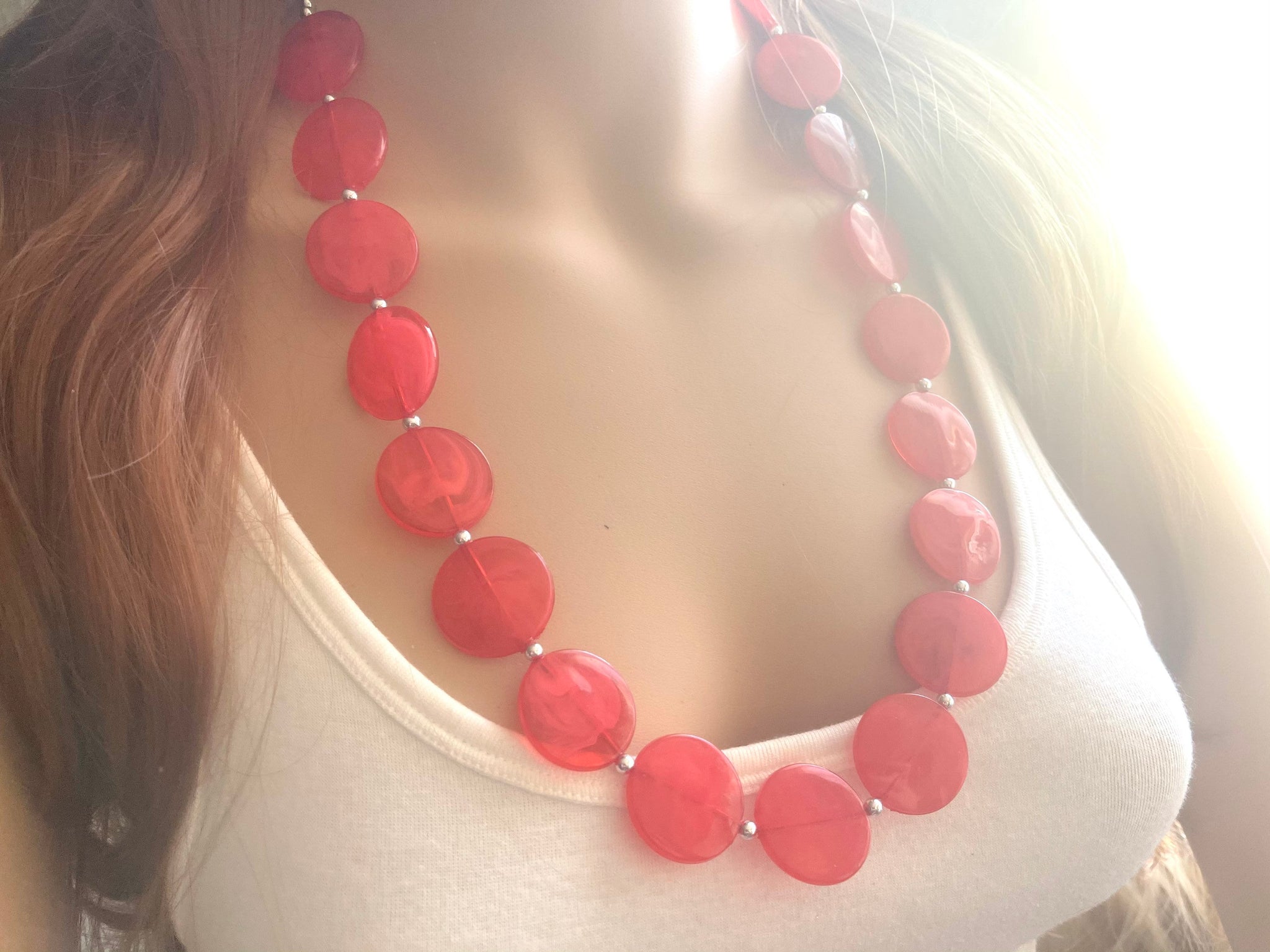 Extra Long Ruby Red Chunky Statement Necklace and earrings Set, Beaded –  Polka Dot Drawer
