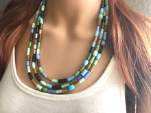 Load image into Gallery viewer, Chunky Earth Tone Glass Statement Necklace, multi Strand Beaded Jewelry, Blue jewelry, brown necklace, blue green tube necklace