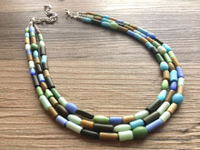 Load image into Gallery viewer, Chunky Earth Tone Glass Statement Necklace, multi Strand Beaded Jewelry, Blue jewelry, brown necklace, blue green tube necklace