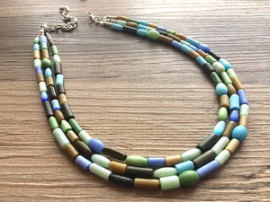 Chunky Earth Tone Glass Statement Necklace, multi Strand Beaded Jewelry, Blue jewelry, brown necklace, blue green tube necklace