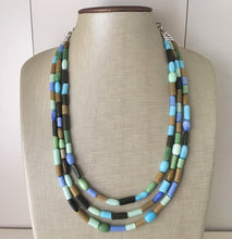 Load image into Gallery viewer, Chunky Earth Tone Glass Statement Necklace, multi Strand Beaded Jewelry, Blue jewelry, brown necklace, blue green tube necklace