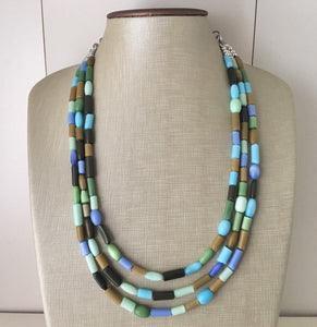 Chunky Earth Tone Glass Statement Necklace, multi Strand Beaded Jewelry, Blue jewelry, brown necklace, blue green tube necklace
