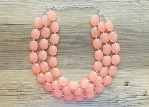 Chunky Coral Triple Strand statement necklace, gifts for Women peach Necklace, statement jewelry, silver and peach collar bib
