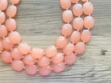 Load image into Gallery viewer, Chunky Coral Triple Strand statement necklace, gifts for Women peach Necklace, statement jewelry, silver and peach collar bib