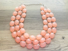 Load image into Gallery viewer, Chunky Coral Triple Strand statement necklace, gifts for Women peach Necklace, statement jewelry, silver and peach collar bib
