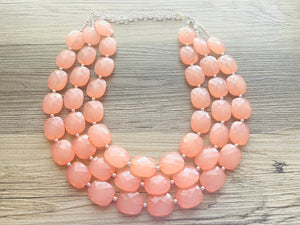 Chunky Coral Triple Strand statement necklace, gifts for Women peach Necklace, statement jewelry, silver and peach collar bib