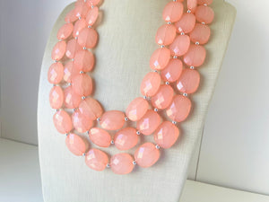 Chunky Coral Triple Strand statement necklace, gifts for Women peach Necklace, statement jewelry, silver and peach collar bib